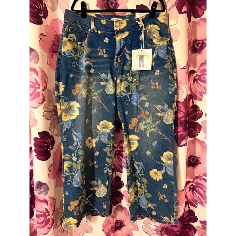 Blue Turtle Flower Print High Rise Wide Leg Jeans